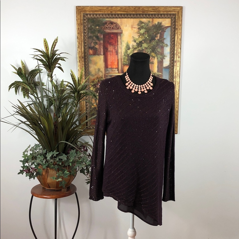 Apt. 9 Women's Purple Crew Neck Tunic Knit Sweater Sequin Pullover Long Sleeve